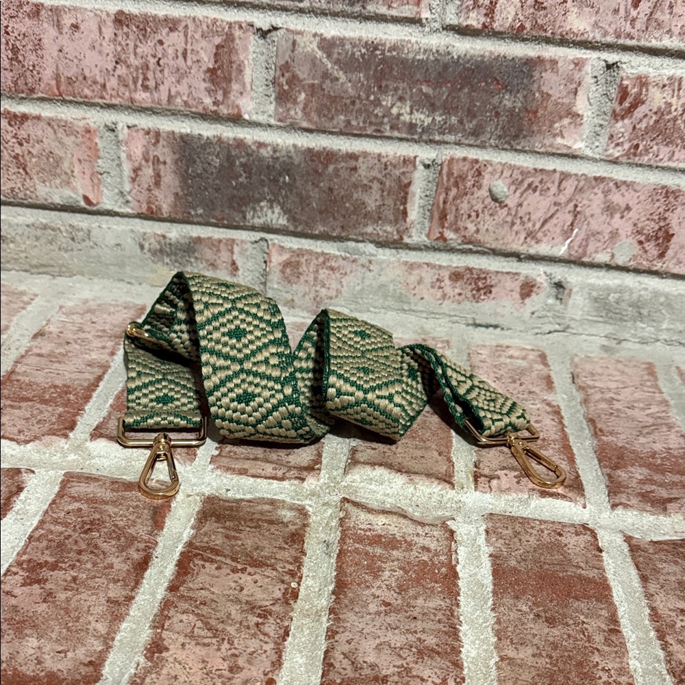 Green Patterned Woven Crossbody Strap with Gold Hardware